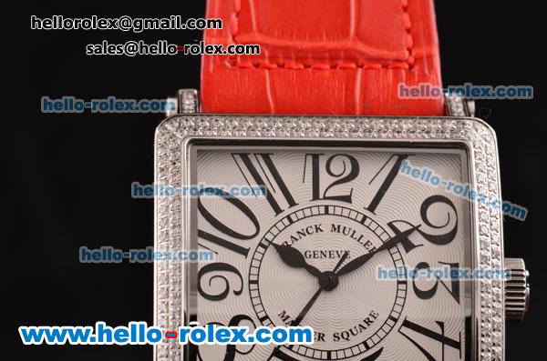 Franck Muller Master Square Swiss Quartz Steel Case with Diamond bezel and Red Leather Strap - Click Image to Close